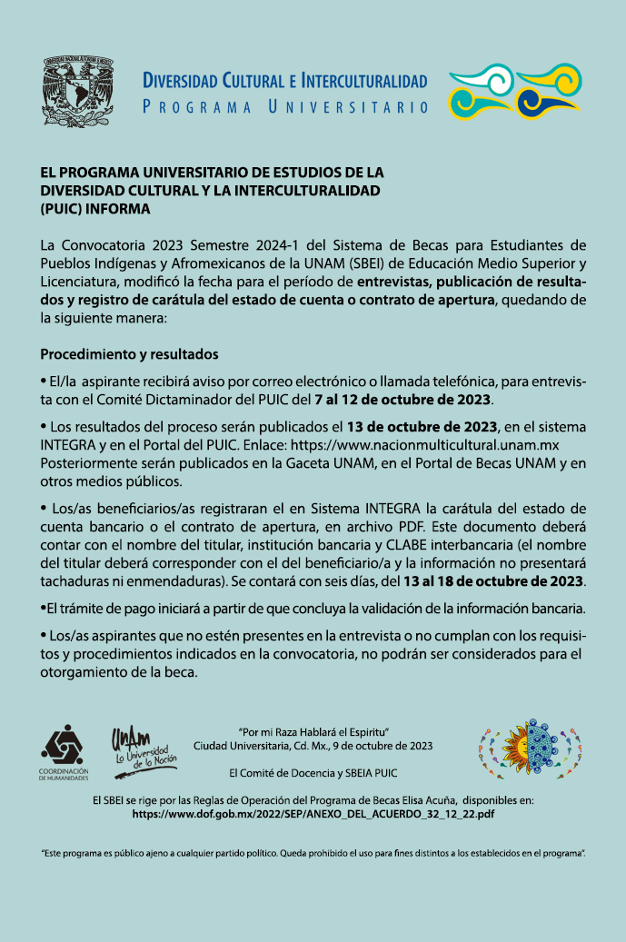 Aviso importante sobre la Convocatoria del Sistema de Becas para Estudiantes de Pueblos Indígenas y Afromexicanos de la UNAM 2014-1