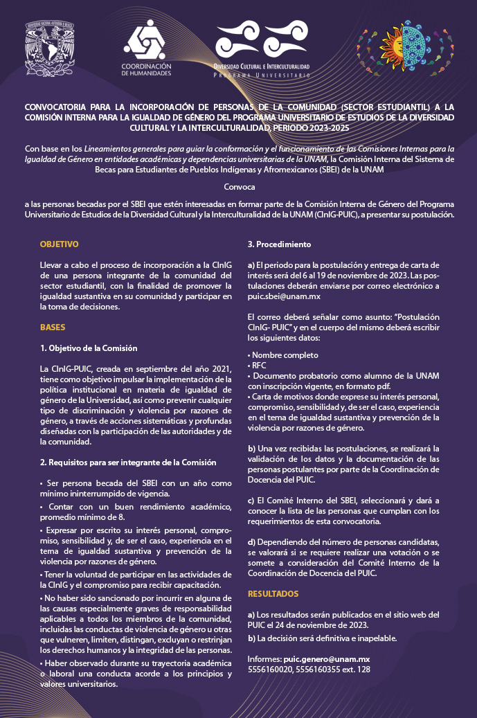 Convocatoria para la incorporación de personas de la comunidad (sector estudiantil) a la Comisión Interna para la Igualdad de Género del Programa Universitario de Estudios de la Diversidad Cultural y la Interculturalidad, periodo 2023-2025