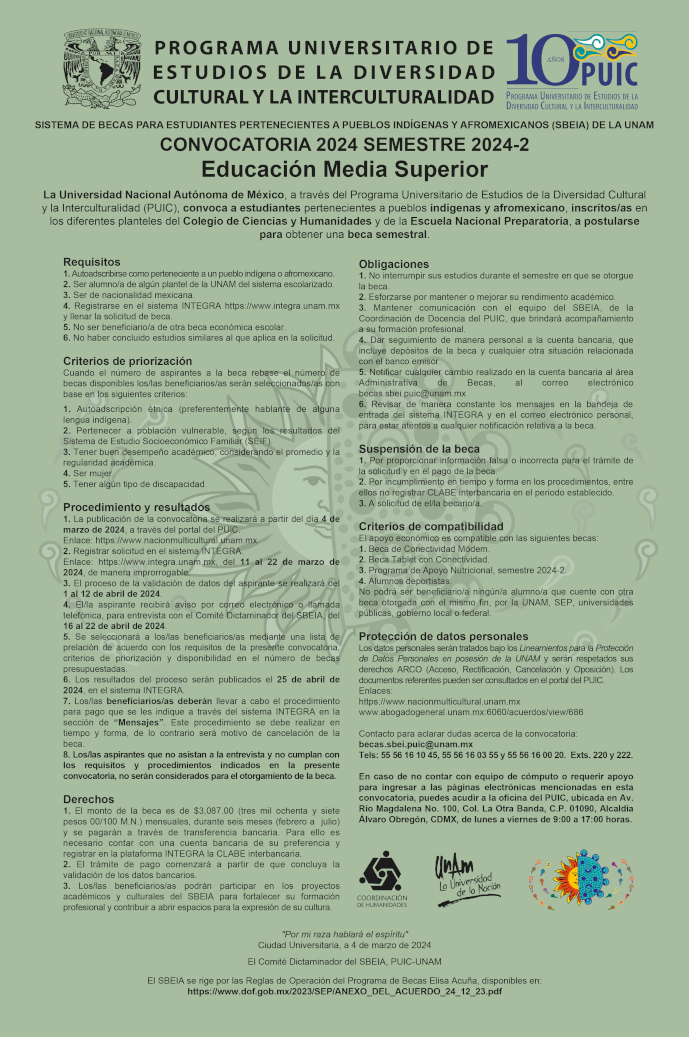 Convocatoria del Sistema de Becas para Estudiantes pertenecientes a Pueblos Indígenas y Afromexicanos (SBEIA) de la UNAM 2024-2 – Educación Media Superior