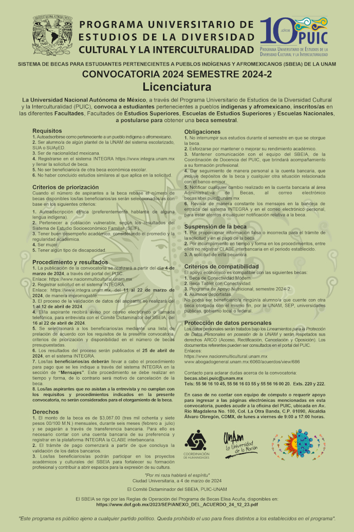Convocatoria del Sistema de Becas para Estudiantes pertenecientes a Pueblos Indígenas y Afromexicanos (SBEIA) de la UNAM 2024-2 – Licenciatura