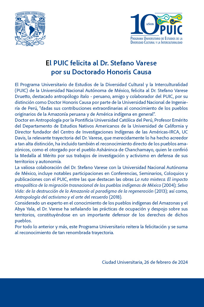 El PUIC felicita al Dr. Stefano Varese Druetto por su distinción como Honoris Causa por parte de la Universidad Nacional de Ingeniería de Perú