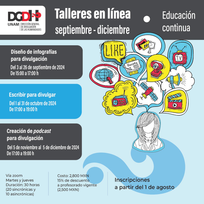 Talleres en línea para aprender sobre Diseño de infografías; Escribir para divulgar y Creación de podcast