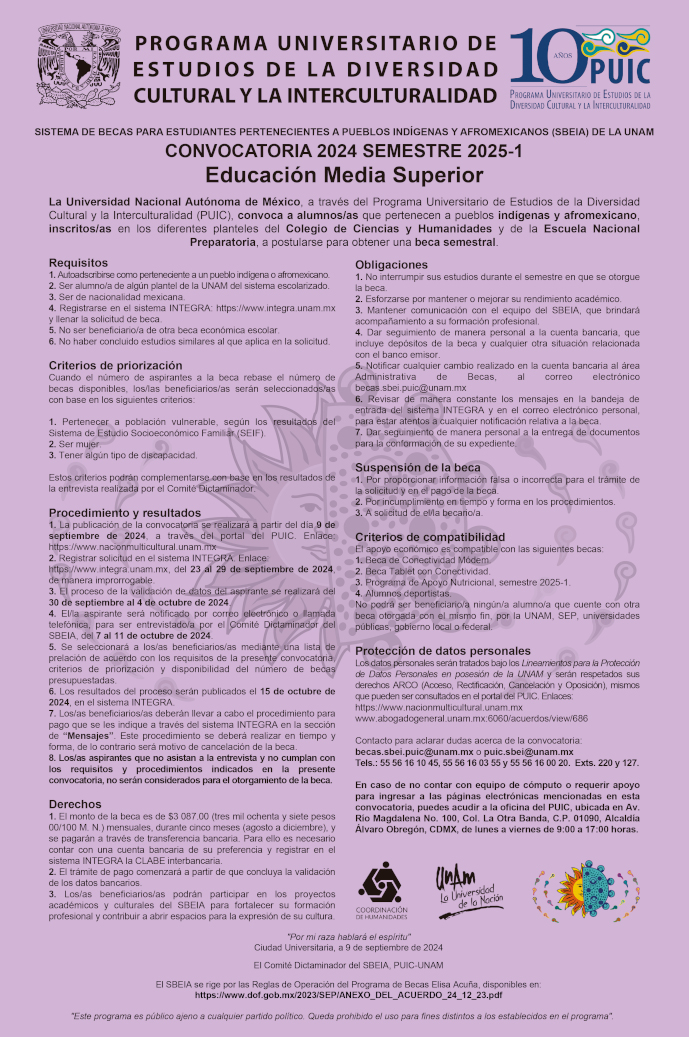 Convocatoria del Sistema de Becas para Estudiantes pertenecientes a Pueblos Indígenas y Afromexicanos (SBEIA) de la UNAM 2025-1 – Educación Media Superior