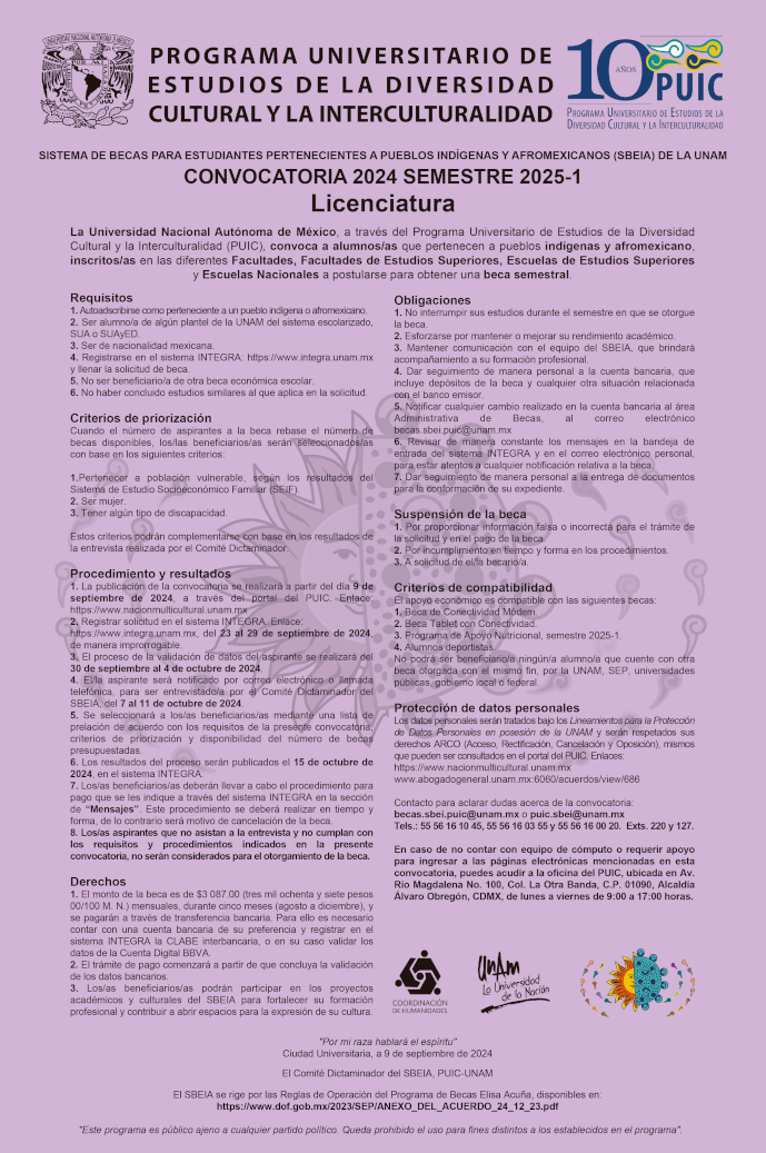 Convocatoria del Sistema de Becas para Estudiantes pertenecientes a Pueblos Indígenas y Afromexicanos (SBEIA) de la UNAM 2025-1 – Licenciatura