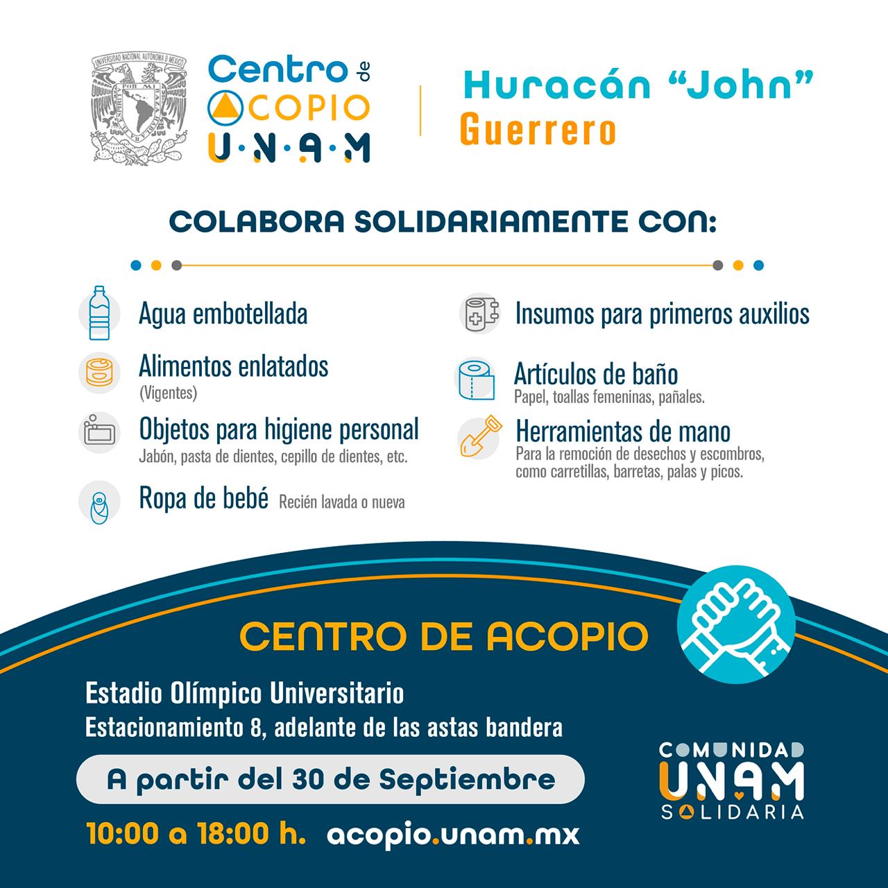 Centro de acopio por el Huracán John en favor de Guerrero