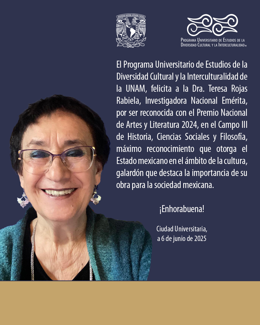 El PUIC felicita a la Dra. Teresa Rojas Rabiela por haber sido reconocida con el Premio Nacional de Artes y Literatura 2024