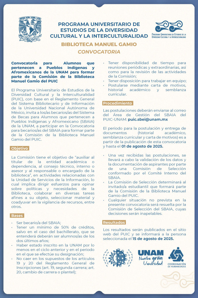 Convocatoria para Alumnos que pertenecen a Pueblos Indígenas y Afromexicanos de la UNAM para formar parte de la Comisión de la Biblioteca Manuel Gamio del PUIC